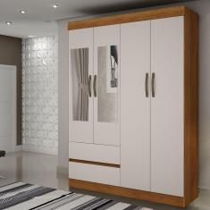 Imagem de Guarda Roupa Solteiro com Espelho 4 Portas 2 Gavetas New Porto Sallêto Móveis - Cinamomo/Off