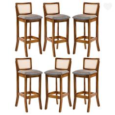 Imagem de Kit 6 Banquetas Alta com Encosto Rattan Portugal Estofada Linho Cinza L55 RMI