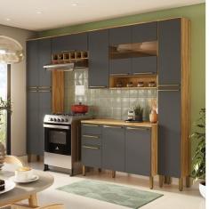 Imagem de Cozinha Modulada Completa 5 Peças 13 Portas 2 Gavetas com Tampo e Vidro Reflecta 100% Mdf Itália Esp Amêndoa/Cinza