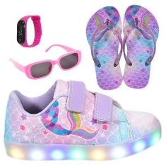Imagem de Tênis Infantil De Led Feminino Casual Desenho Sereia +Chinelo+Óculos+R