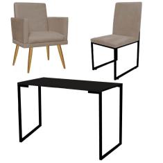 Imagem de Kit Escritório Stan Poltrona Rodapé com Cadeira e Mesa Industrial Tampo Preto Tecido Sintético Bege - Ahz Móveis