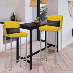 Imagem de Kit 02 Banqueta Alta com Encosto Lucca Industrial Cozinha Balcão Ferro Cinza Sintético Amarelo e Almofada Cinza - Ahazzo Móveis