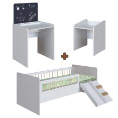 Imagem de Kit Cama Montessoriana Com Banqueta E Mesa Com Quadro Infantil Branco Spencer Shop Jm