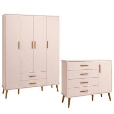 Imagem de Comoda Sapateira E Guarda Roupa Isis Retrô 4 Portas 2 Gavetas Rosa Fos