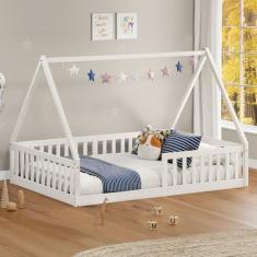 Imagem de Cama Viúva Infantil Montessori Branco Madeira Casa Com Estrado Stella