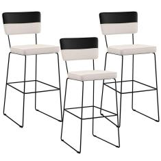 Imagem de Kit 03 Banquetas Altas Faixa Corano Preto Linho Cru