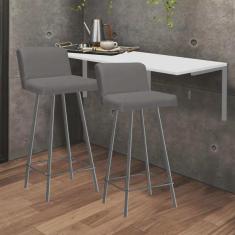 Imagem de Kit Mesa Suspensa de Parede Fixa mdf Branco + 2 Banquetas Lexi Ferro Prata Sintético Cinza - Ahazzo Móveis
