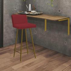 Imagem de Kit Mesa Suspensa de Parede Fixa mdf Freijó + 1 Banqueta Lexi Ferro Dourado Suede Vermelho - Ahazzo Móveis