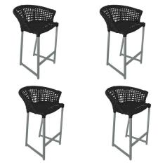 Imagem de Kit 4 Banquetas Reis Em Corda Náutica E Base Em Alumínio Cinza Para área Gourmet Externa Preta Preto