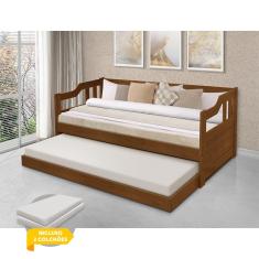 Imagem de Sofa Cama Solteiro de Madeira Maciça com Cama Auxiliar + 2 Colchões - Castanho