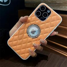 Imagem de Capa de telefone luxuosa de couro com treliça de diamante para iPhone 15 11 12 13 14 Pro Max Plus glitter strass buraco capa protetora de câmera, laranja, para iPhone 13 Pro
