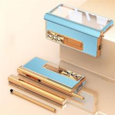 Imagem de Caixa de metal com suporte de aço inoxidável para Samsung Galaxy Z Fold 4 3 2 5 com caneta Amortecedor de alumínio 360 Capa de dobradiça de proteção total, couro azul dourado, para Galaxy Z