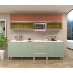 Imagem de Armário de Cozinha Completa 8 Peças com Tampo Legno Crema com Verde Ja