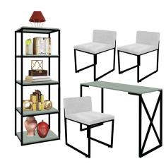 Imagem de Kit Escritório Bex 3 Cadeiras Suede Branco com 1 Mesa e 1 Livreiro Ferro Preto MDF Verde Oliva - Ahazzo Móveis