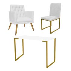 Imagem de Kit Escritório Stan Poltrona Maria e Cadeira e Mesa Industrial Branco Dourado Tecido Sintético Branco - Ahz Móveis