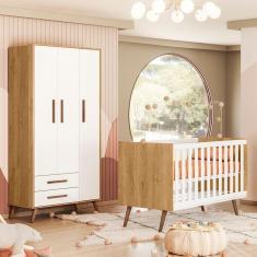 Imagem de Quarto de Bebê com Berço Americano 3820 e Roupeiro 3830 Qencanto Retrô Qmovi Freijó Branco Acetinado
