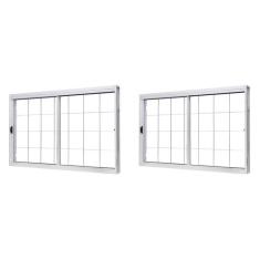 Imagem de Kit com 2 Janelas de Aço de Correr Central 100x150cm 2 Folhas com Grade Quadriculada e Vidro Liso Branco