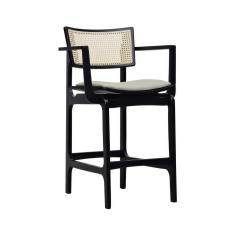 Imagem de Banqueta Alta Bistrô Apollo Com Braços Encosto Telinha Natural E Assento Anatômico - Preto Estofado Linho Bege