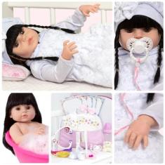 Imagem de Boneca Tipo Reborn Realista Morena Corpo de Vinil Itens Luxo