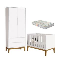Imagem de Berço Americano E Guarda Roupa 2 Portas New Classic Branco Com Pés Madeira E Colchão Gazin - Reller