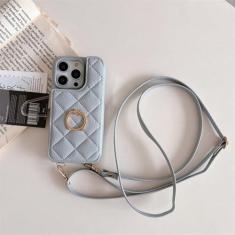 Imagem de Capa carteira de couro com alça de ombro para cartão para iPhone 11 12 13 14 15 Pro Max Plus cordão capa para bolsa de telefone com anel, cinza azul, para iPhone 13Pro Max