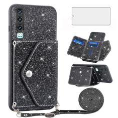 Imagem de Asuwish Capa de telefone para Huawei P30 Capa carteira com protetor de tela de vidro temperado e alça transversal cordão Bling Glitter suporte para cartão de crédito acessórios para celular Havaí P 30