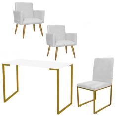 Imagem de Kit Escritório Stan 2 Poltronas com Cadeira e Mesa Industrial Tampo Branco Dourado Tecido Sintético Branco - Ahz Móveis