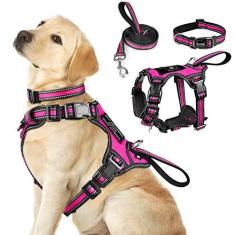 Imagem de WINSEE Conjunto de coleira e coleira para animais de estimação, arnês refletivo multifuncional para cães, sem puxão, com fivelas ajustáveis para filhotes, pequenos, médios, grandes e extragrandes