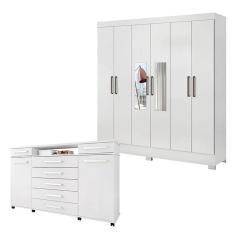 Imagem de Cômoda London e Guarda Roupa Casal Prático Branco com Espelho - Demóbile