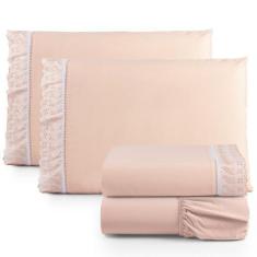 Imagem de Jogo Lençol Casal 4 Peças 100% Algodão Percal 180 Fios Com Lese - Enxo