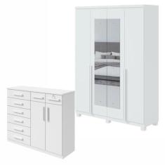 Imagem de Conjunto de Guarda-roupa Alonzo com espelho e pés e Cômoda Toronto Branco