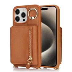 Imagem de Capa carteira de couro para iPhone 15 14 13 12 11 Pro Max XS X XR Capa protetora de couro com suporte para cartões com zíper, marrom, para iPhone 15Pro