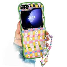 Imagem de GO-VOLMON Capa fofa para Samsung Galaxy Z Flip 6 com alça adorável e moldura ondulada encaracolada, capa feminina estética para Galaxy Z Flip 6 design Kawaii, capa protetora feminina com cordão para Z