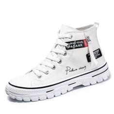 Imagem de Tênis masculino de lona de cano alto, casual, caminhada, skate para homens, moderno, confortável, com sola macia, Branco, 39