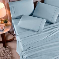 Imagem de Jogo Lençol Casal 3 Peças 100% Algodão 400 Fios Toque Macio - Azul