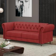 Imagem de Sofá Living Sala de Estar Stanford Chesterfield 2 Lugares 180cm Pés de Madeira Couro Vermelho G58 - Gran Belo