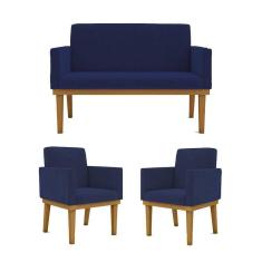 Imagem de Kit Sofá Com Base Reforçada + 2 Poltronas Sala De Estar Cor:azul Marinho