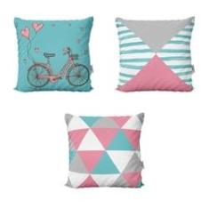 Imagem de Capas de Almofadas Rosa e Azul Decorativas e Geométricas Bike In Love Para Sofá 40x40 - Novadecora