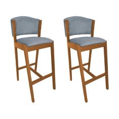 Imagem de Kit 2 Banquetas Alta de Madeira Maciça Cerejeira Premium Ana com Encosto Linho Cinza