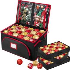 Imagem de Caixa de armazenamento de enfeites de Natal com divisórias ajustáveis - comporta ornamentos de até 182 a 10 cm - Caixa de armazenamento de bolas de decoração de enfeites de Natal com 3 bandejas