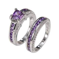 Imagem de MuYiYi11 Conjunto de anel de princesa, conjunto de 2 peças de princesa, joia quadrada, anel de casamento incrustado com strass de ametista artificial