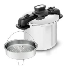 Imagem de Panela de Pressão 7L Tefal OptiSpace em Inox com Fundo Triplo e Cesto de Vapor