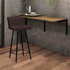 Imagem de Kit Mesa Suspensa de Parede Fixa MDF Caramelo + 1 Banqueta Lexi Ferro Preto Sintético Marrom - Ahazzo Móveis