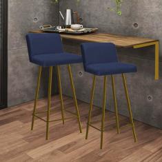 Imagem de Kit Mesa Suspensa de Parede Fixa MDF Freijó + 2 Banquetas Lexi Ferro Dourado Sintético Azul Marinho - Ahazzo Móveis