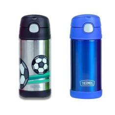 Imagem de Kit 2 Garrafa Térmica Infantil Inox 355ml Canudo Com Alça Azul e Bola