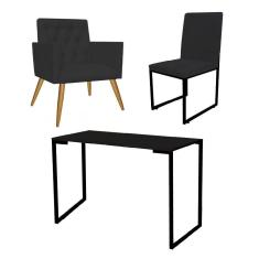 Imagem de Kit Escritório Stan Poltrona Capitonê com Cadeira e Mesa Industrial Tampo Preto Tecido Sintético Preto - Ahz Móveis