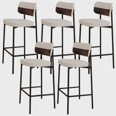 Imagem de Kit 05 Banquetas Alta Bar Cozinha Sala De Jantar Aço Preto Kaira C01 Linho Palha Courino Café - Lyam Decor