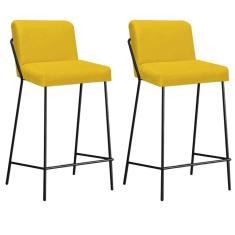 Imagem de Kit 02 Banqueta Alta Com Encosto Drika Industrial Cozinha Bistrô Ferro Preto Corino Amarelo - Ahazzo Móveis