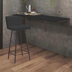 Imagem de Kit Mesa Suspensa de Parede Fixa mdf Preto + 1 Banqueta Lexi Ferro Marrom Suede Preto - Ahazzo Móveis