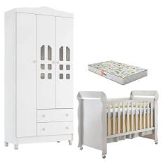 Imagem de Berço Americano Mirelle e Guarda Roupa New Selena 3 Portas Branco Brilho com Colchão Gazin - Carolina Móveis